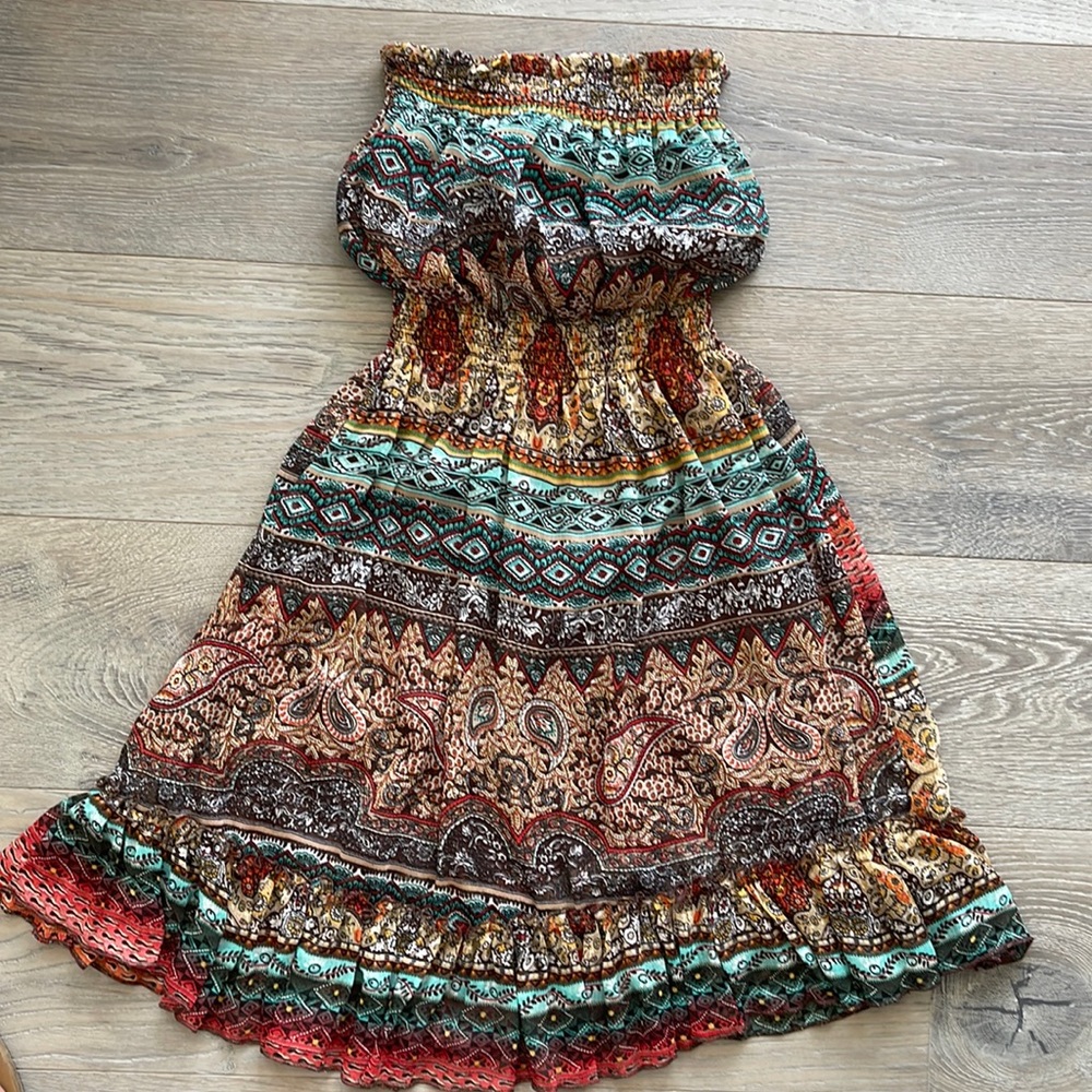 Body Central Smocked Chiffon Brown/Turquoise Print Ruffled Mini Dress-Small